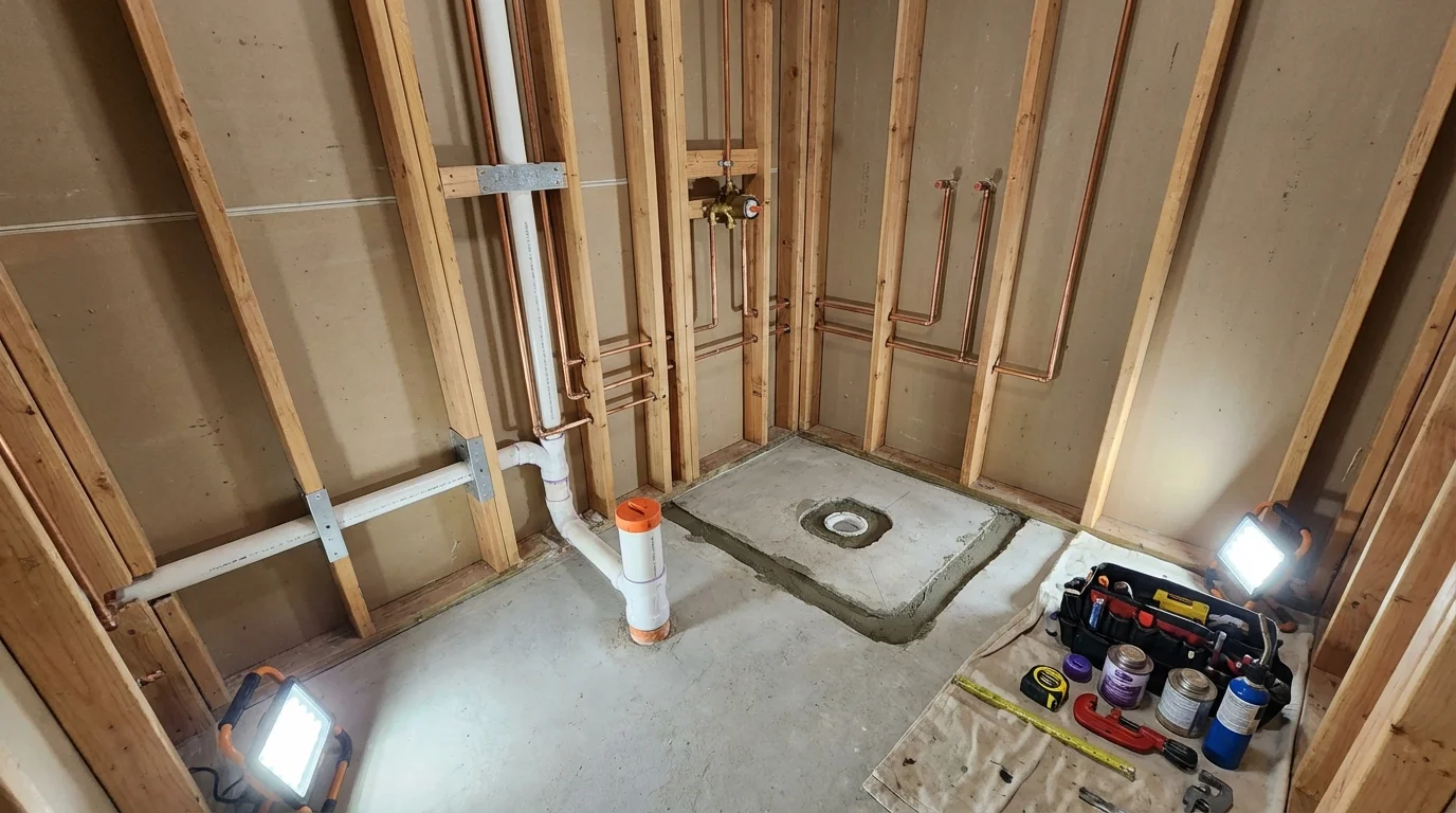 Bathroom rough-in plumbing during remodel by Johns Plumbing LLC in Houghton