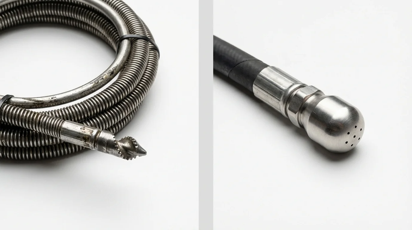 Drain snake cable and hydro jetting nozzle used for drain cleaning in Houghton, MI
