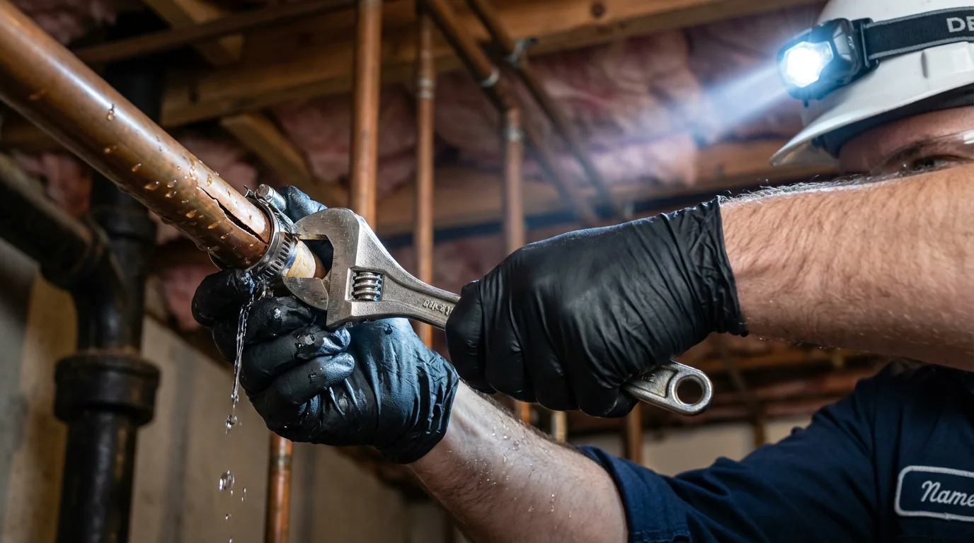 Emergency pipe clamp repair being performed by a Johns Plumbing LLC plumber in Houghton