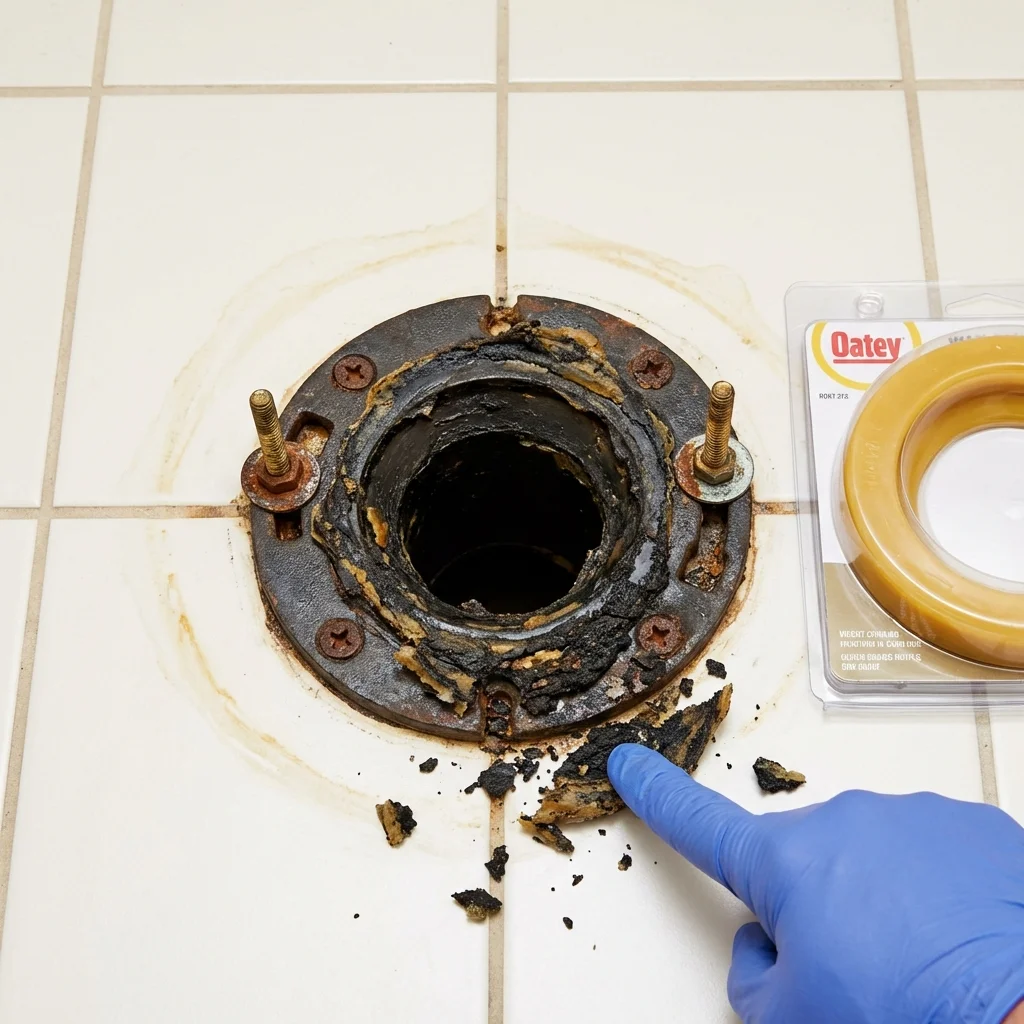 Failed wax ring showing water seepage at the base of a toilet in a Houghton, MI home