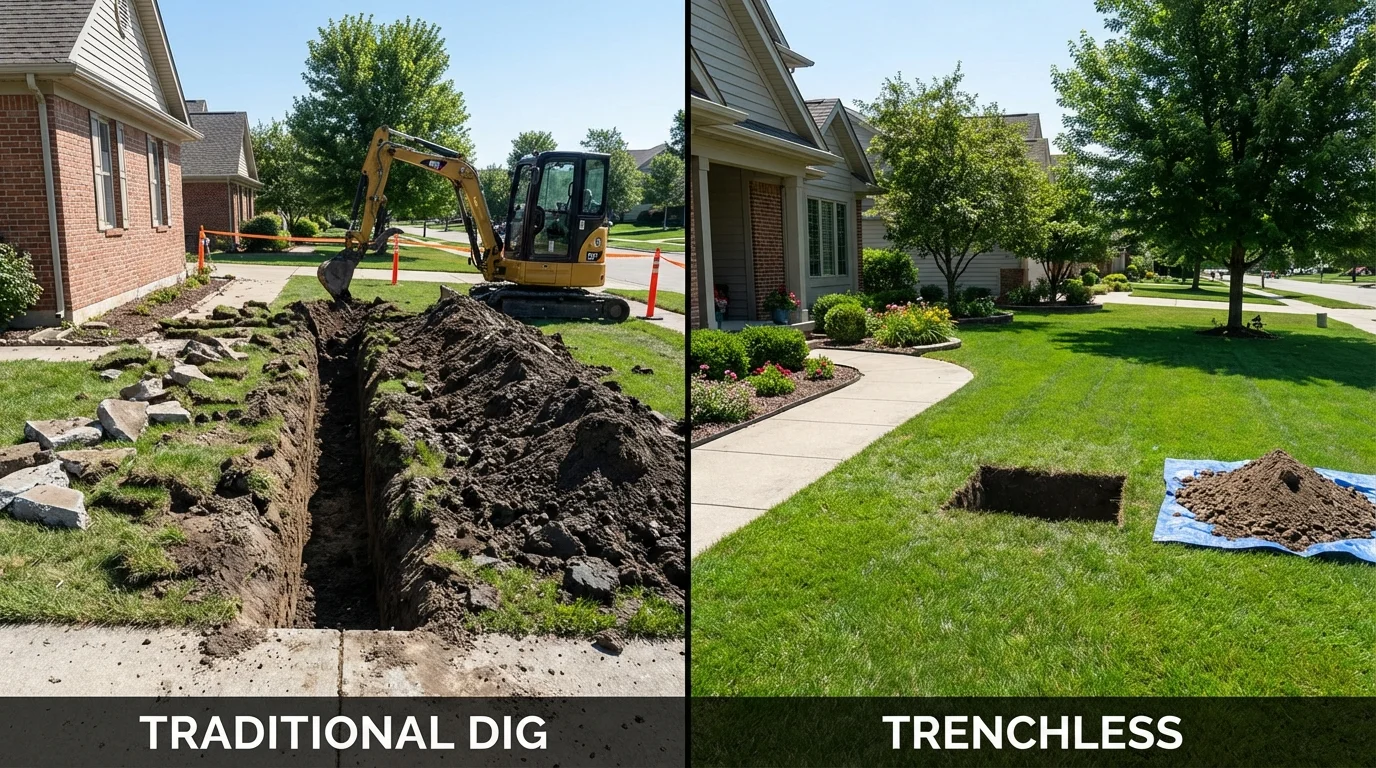 Trenchless sewer repair with minimal yard damage versus traditional excavation in Houghton, MI