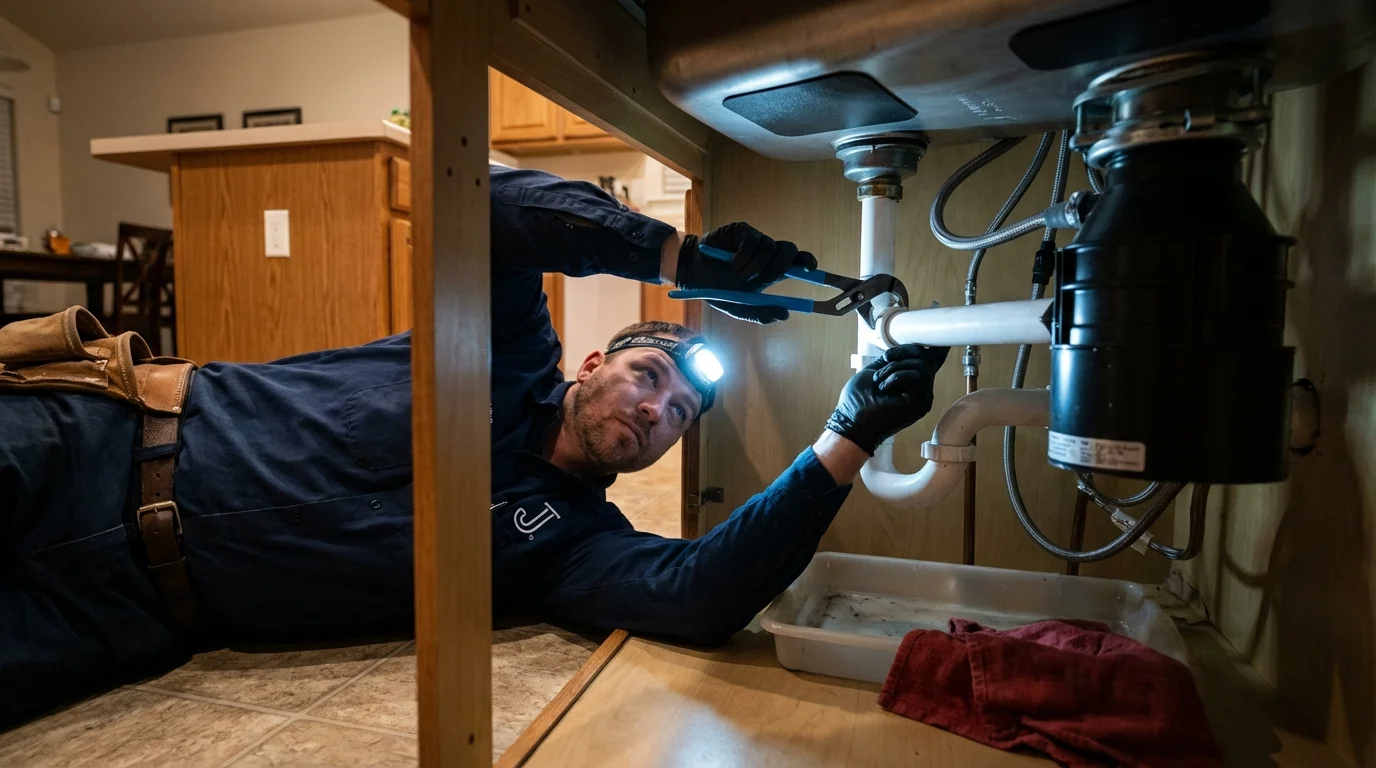 P-trap and supply line connections under a kitchen sink showing a common leak point in Houghton, MI